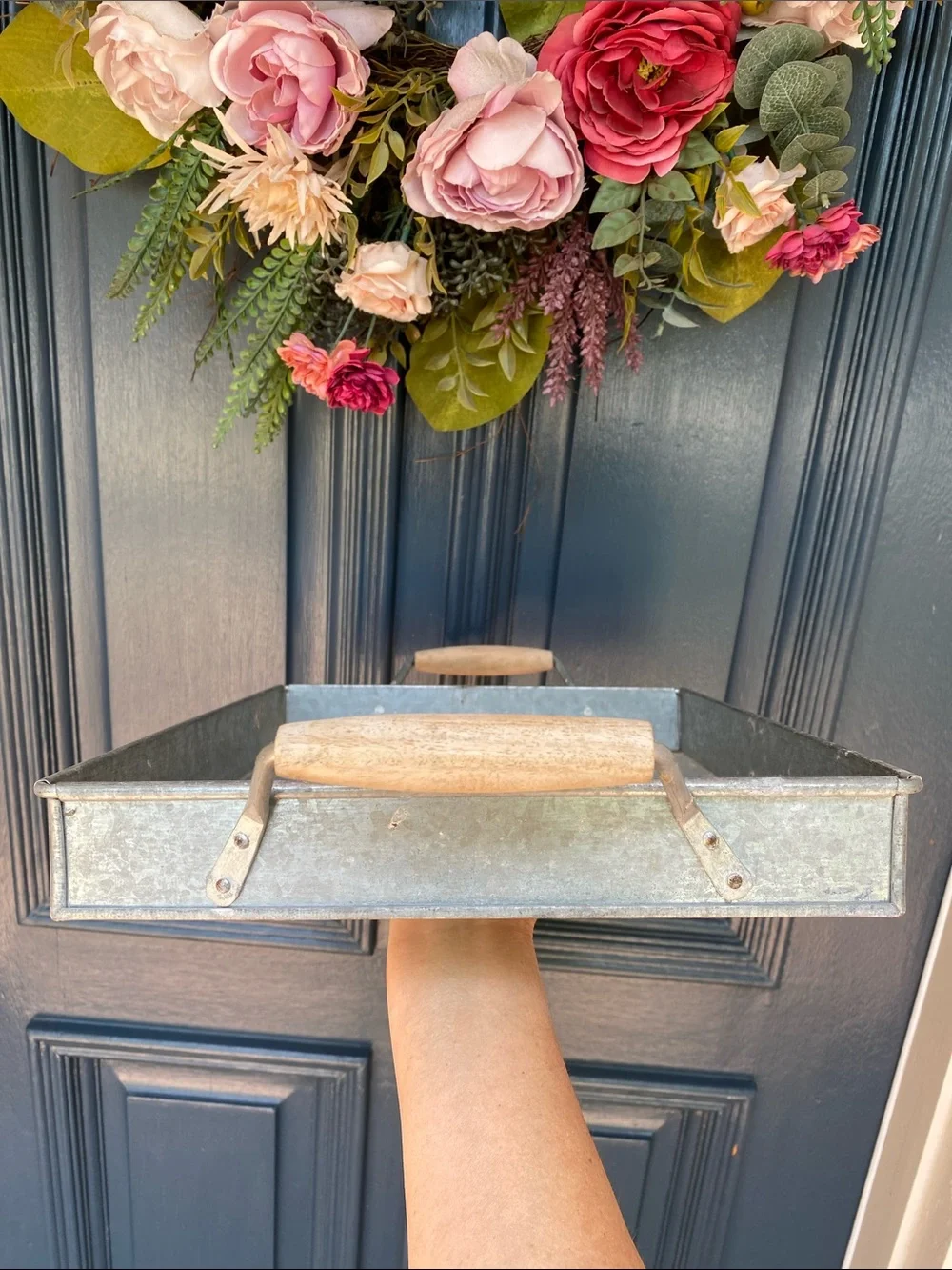 Pottery Barn Rustic Galvanized Metal Tray with Wood Handles